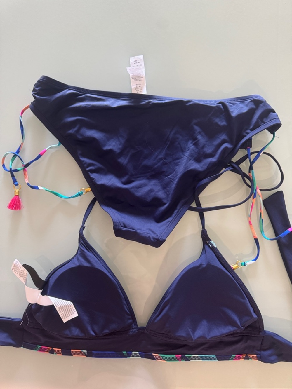La Blanca Navy Bikini with Multicolor Trim and Tassel Ties - Picture 10 of 11
